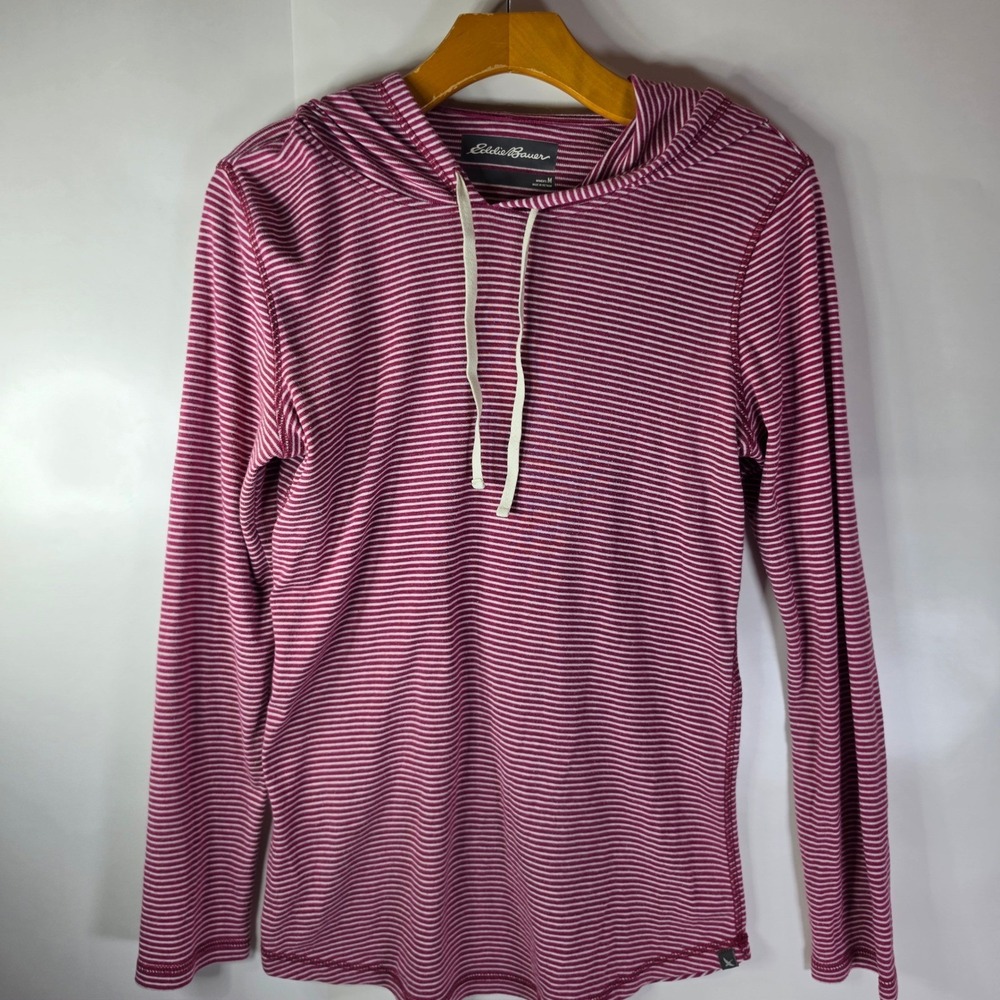 Eddie Bauer Womens M Striped Lightweight Hoodie Pullover Burgundy White Top